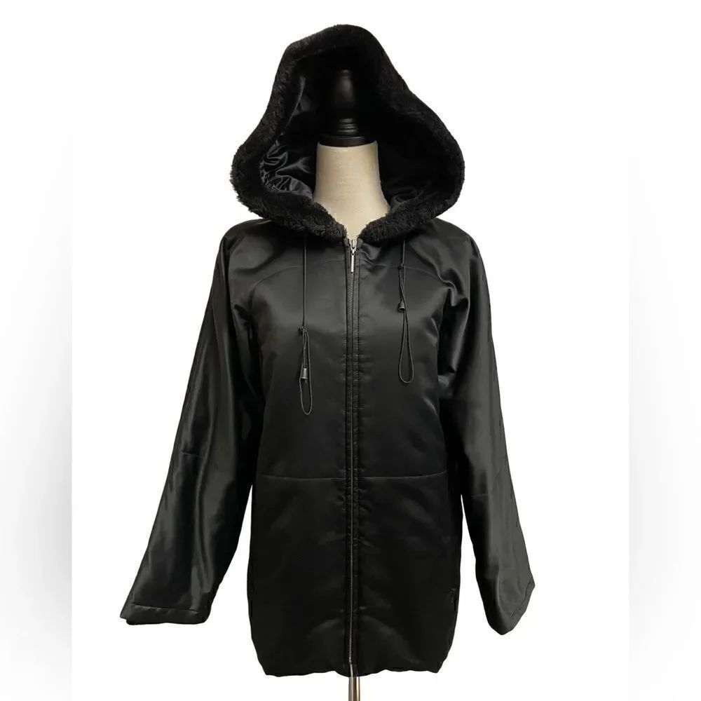 Jones New York Black Full Zip Winter Coat with Faux Fur Lined Hood (Small)